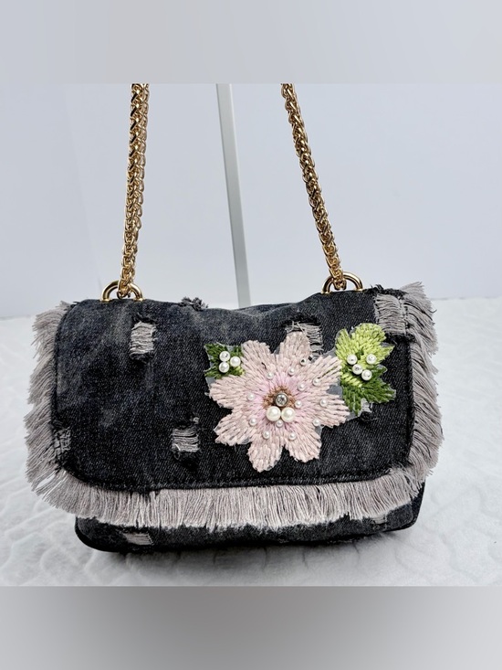 None Handbags - Distressed Y2K Boho inspired black Denim bag with pink 3D embroidered flower